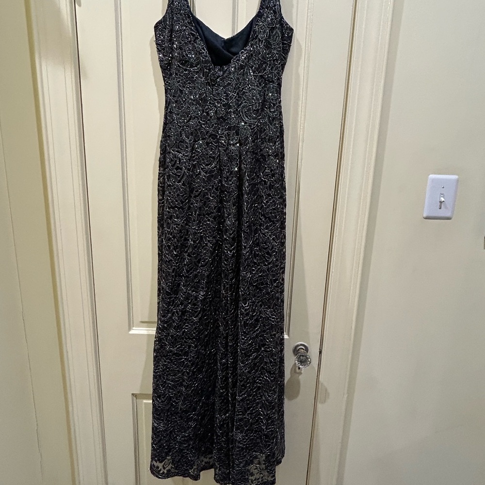 Carmen Marc Valvo Black and Silver Lace Formal Dress